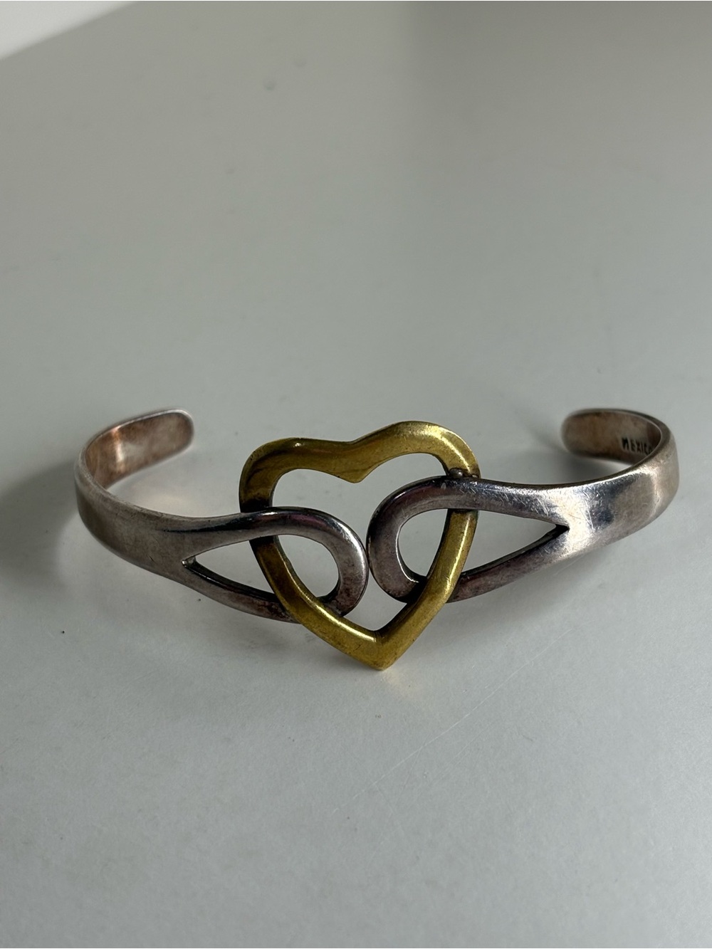Vintage Mexico Sterling Silver 925 & Brass Interlocking Heart Cuff Bracelets - Picture 3 of 10